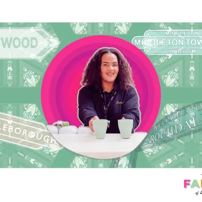 Breaking Barriers: Graphic design with pink circle in the centre with a woman offering mugs. Green background with stained glass design and various place name signs from around Rochdale